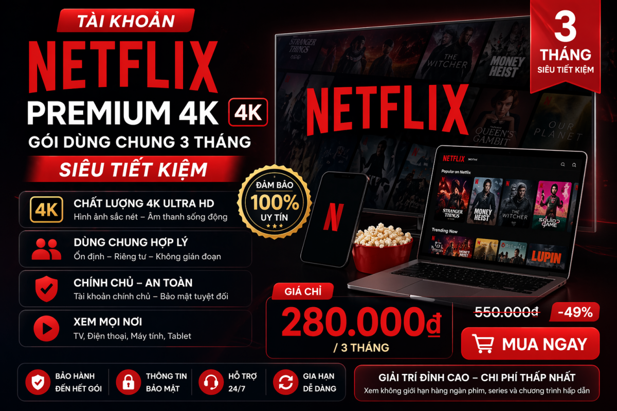 Netflix Premium 4K Gói Dùng Chung 3 Tháng – Lựa Chọn Khôn Ngoan Nếu Bạn Muốn Xem Xịn Nhưng Không Muốn Tốn Quá Nhiều