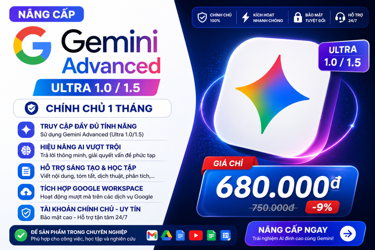 Nâng Cấp Google Gemini Advanced Chính Chủ 1 Tháng – Trợ Lý AI Cao Cấp Cho Công Việc Hiện Đại